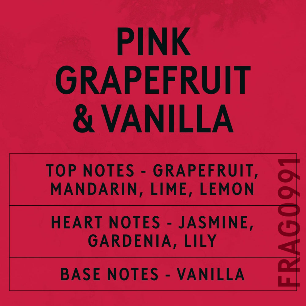 Pink Grapefruit and Vanilla fragrance oil - Candle Shack aluminium bottle with dried botanicals on a dark slate background