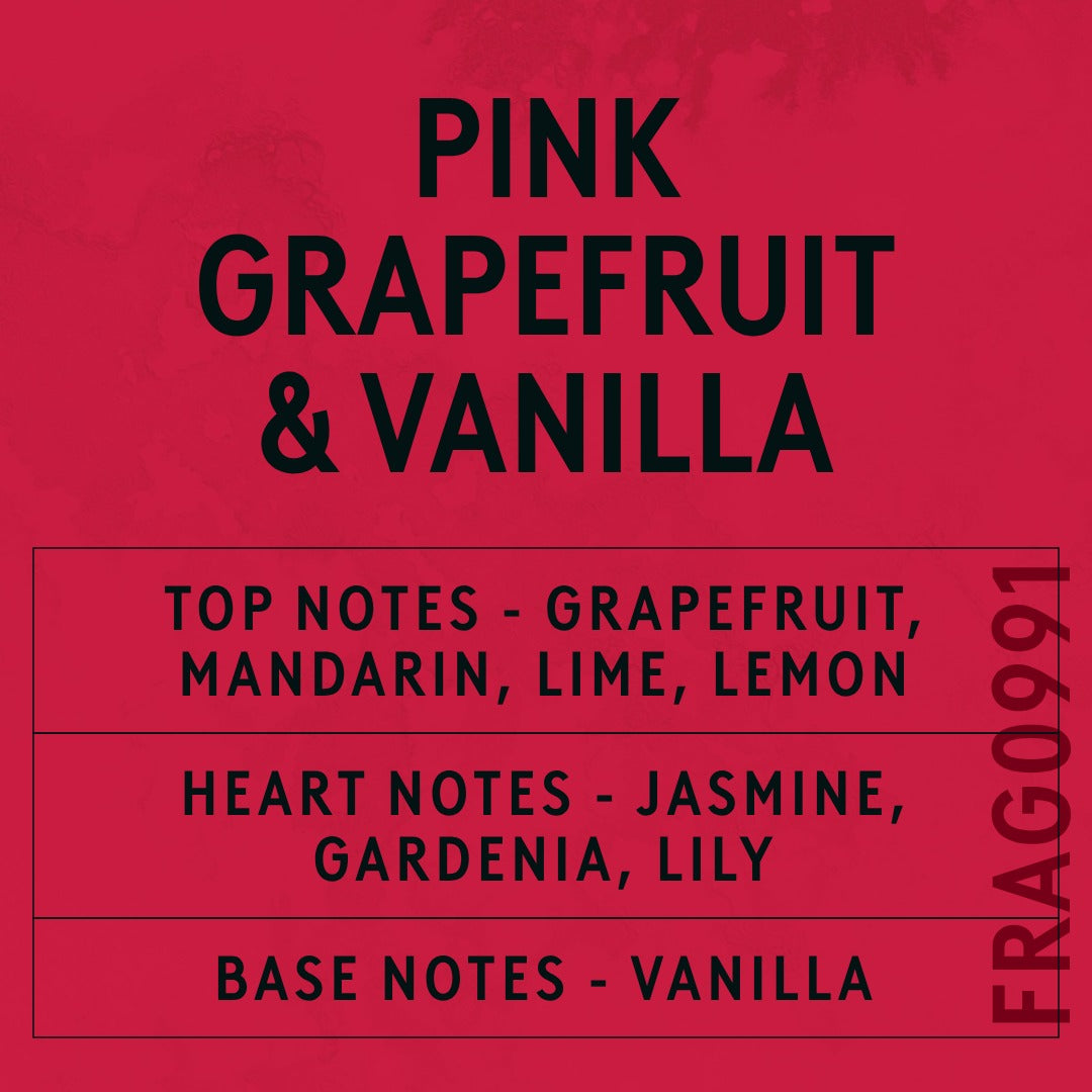 Pink Grapefruit and Vanilla fragrance oil - Candle Shack aluminium bottle with dried botanicals on a dark slate background
