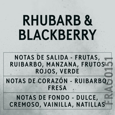 Rhubarb & Blackberry Fragrance Oil scent card (Spanish)