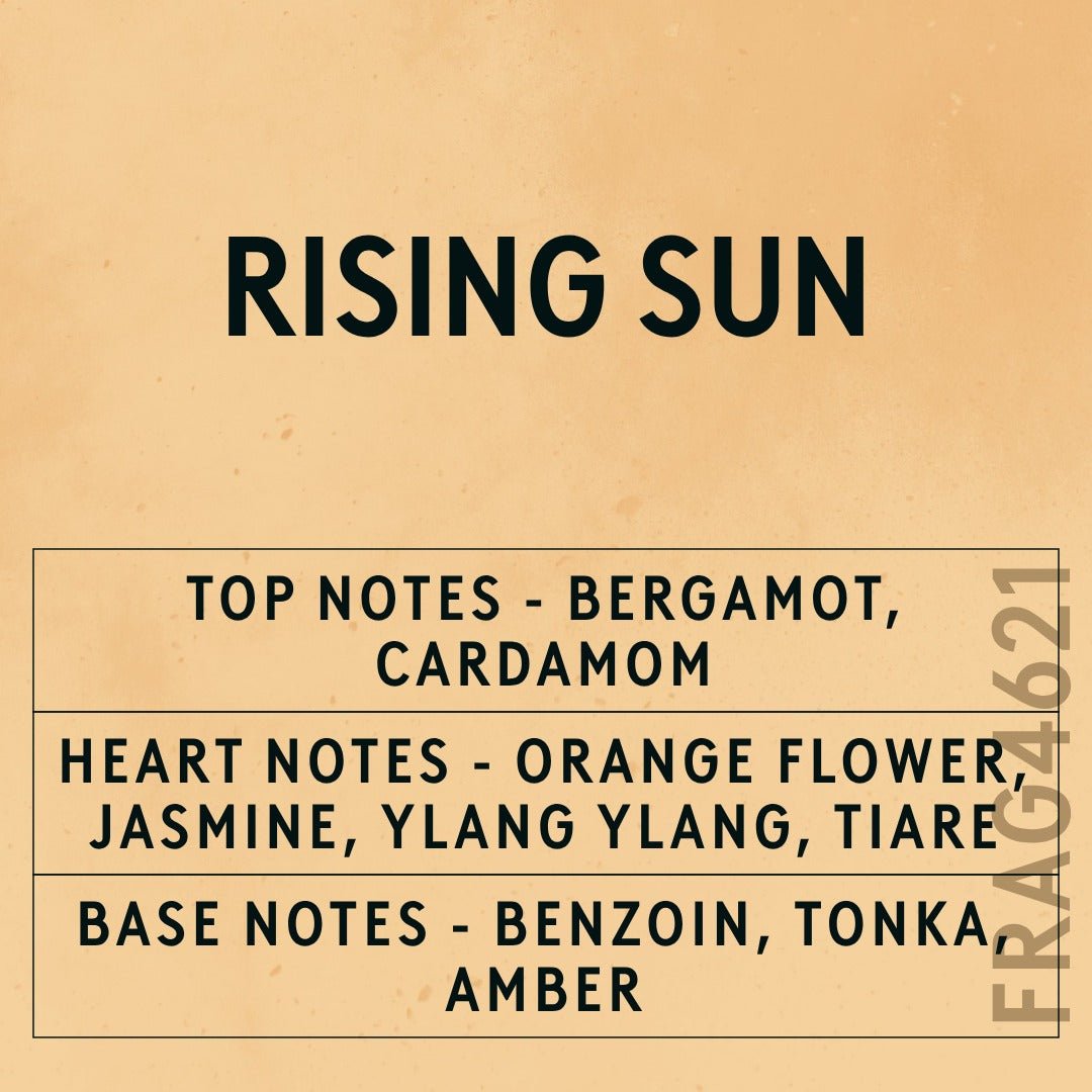 Rising Sun fragrance oil - Candle Shack aluminium bottle with dried botanicals on a dark slate background