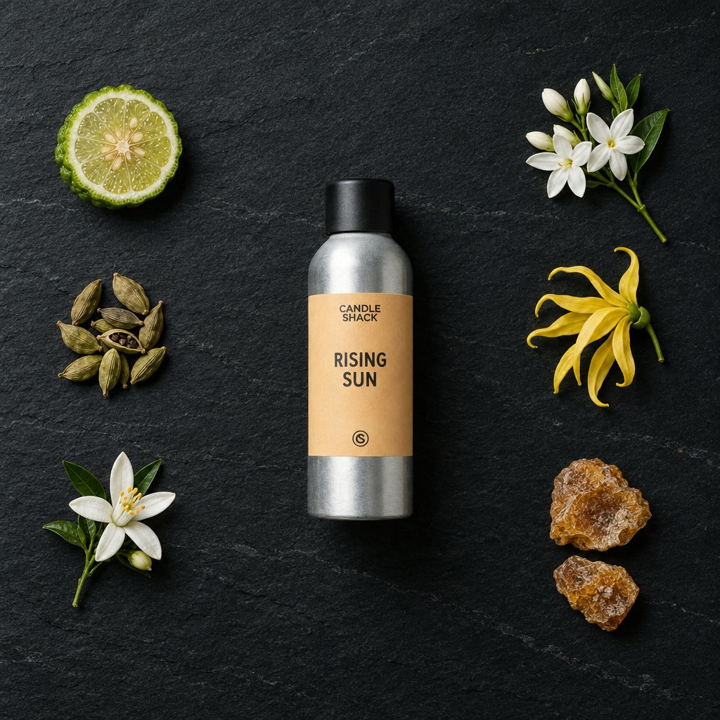 Rising Sun fragrance oil - Candle Shack aluminium bottle with dried botanicals on a dark slate background