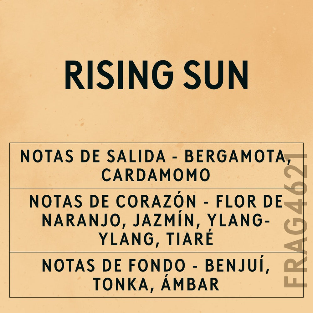 Rising Sun Fragrance Oil scent card (Spanish)