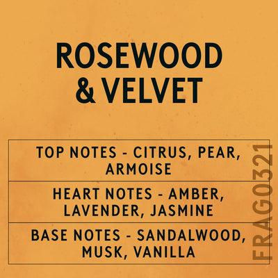 Rosewood and Velvet fragrance oil - Candle Shack aluminium bottle with dried botanicals on a dark slate background