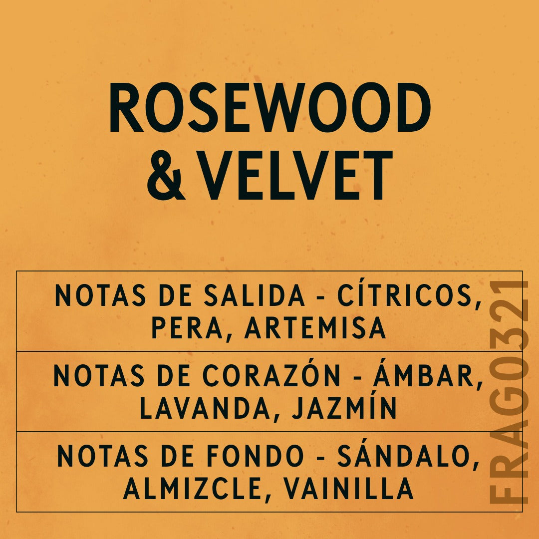 Rosewood and Velvet Fragrance Oil scent card (Spanish)
