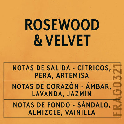 Rosewood and Velvet Fragrance Oil scent card (Spanish)