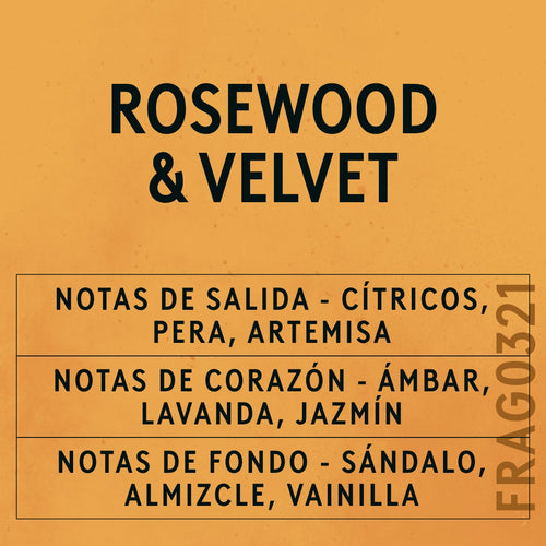 Rosewood and Velvet Fragrance Oil scent card (Spanish)
