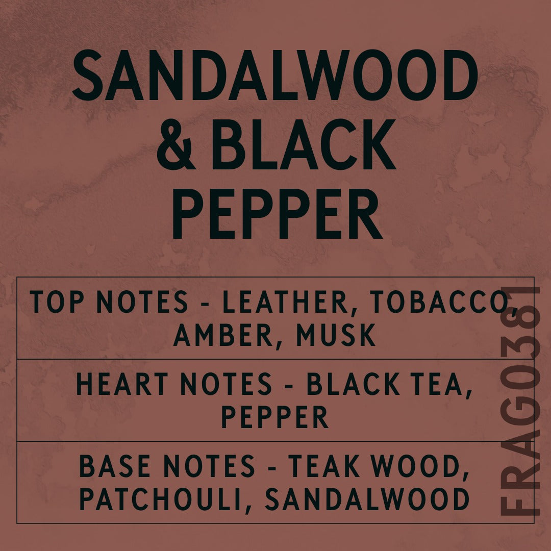 Sandalwood & Black Pepper fragrance oil - Candle Shack aluminium bottle with dried botanicals on a dark slate background