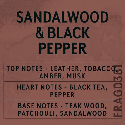 Sandalwood & Black Pepper fragrance oil - Candle Shack aluminium bottle with dried botanicals on a dark slate background
