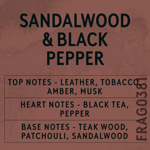 Sandalwood & Black Pepper fragrance oil - Candle Shack aluminium bottle with dried botanicals on a dark slate background