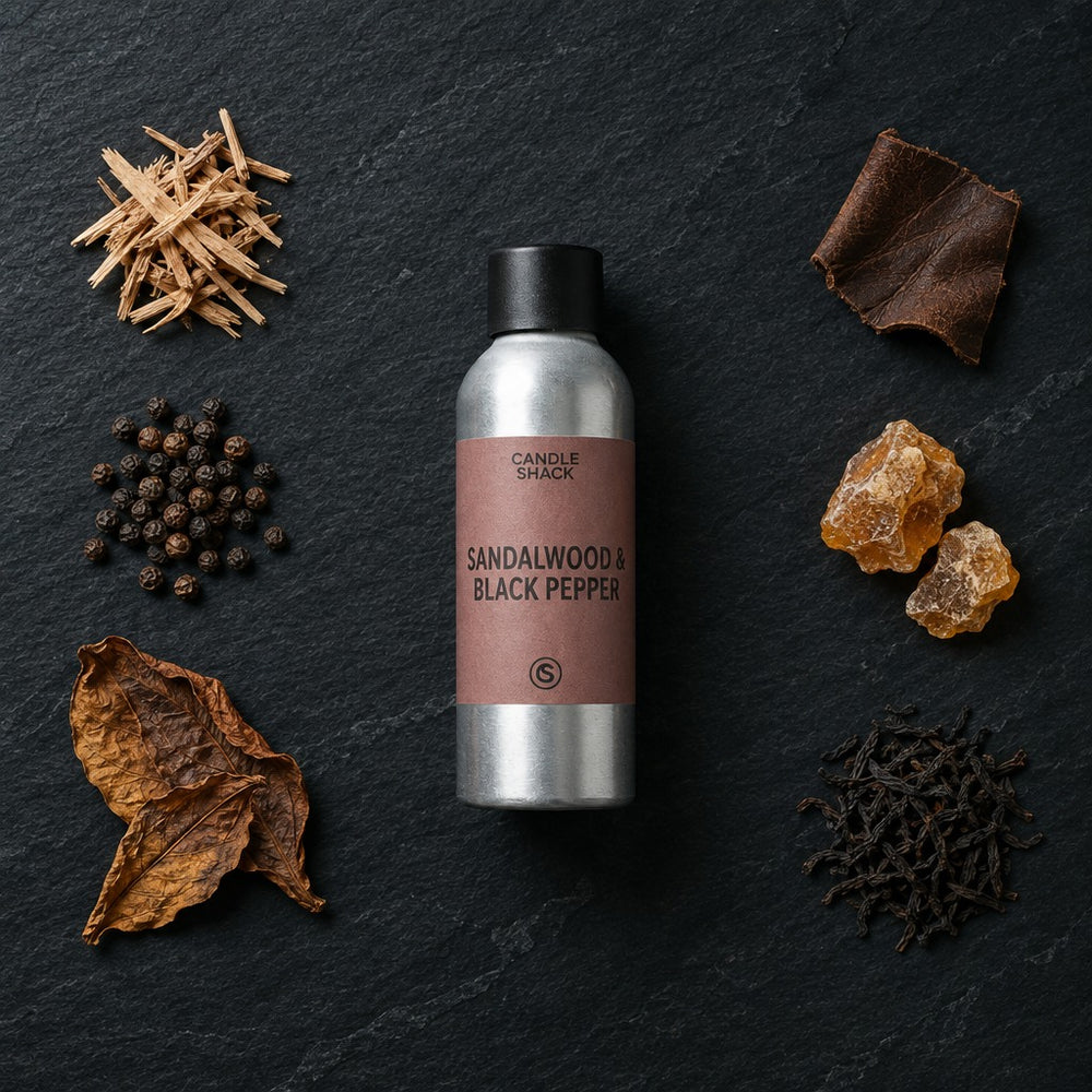 Sandalwood & Black Pepper fragrance oil - Candle Shack aluminium bottle with dried botanicals on a dark slate background
