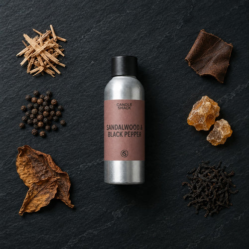 Sandalwood & Black Pepper fragrance oil - Candle Shack aluminium bottle with dried botanicals on a dark slate background