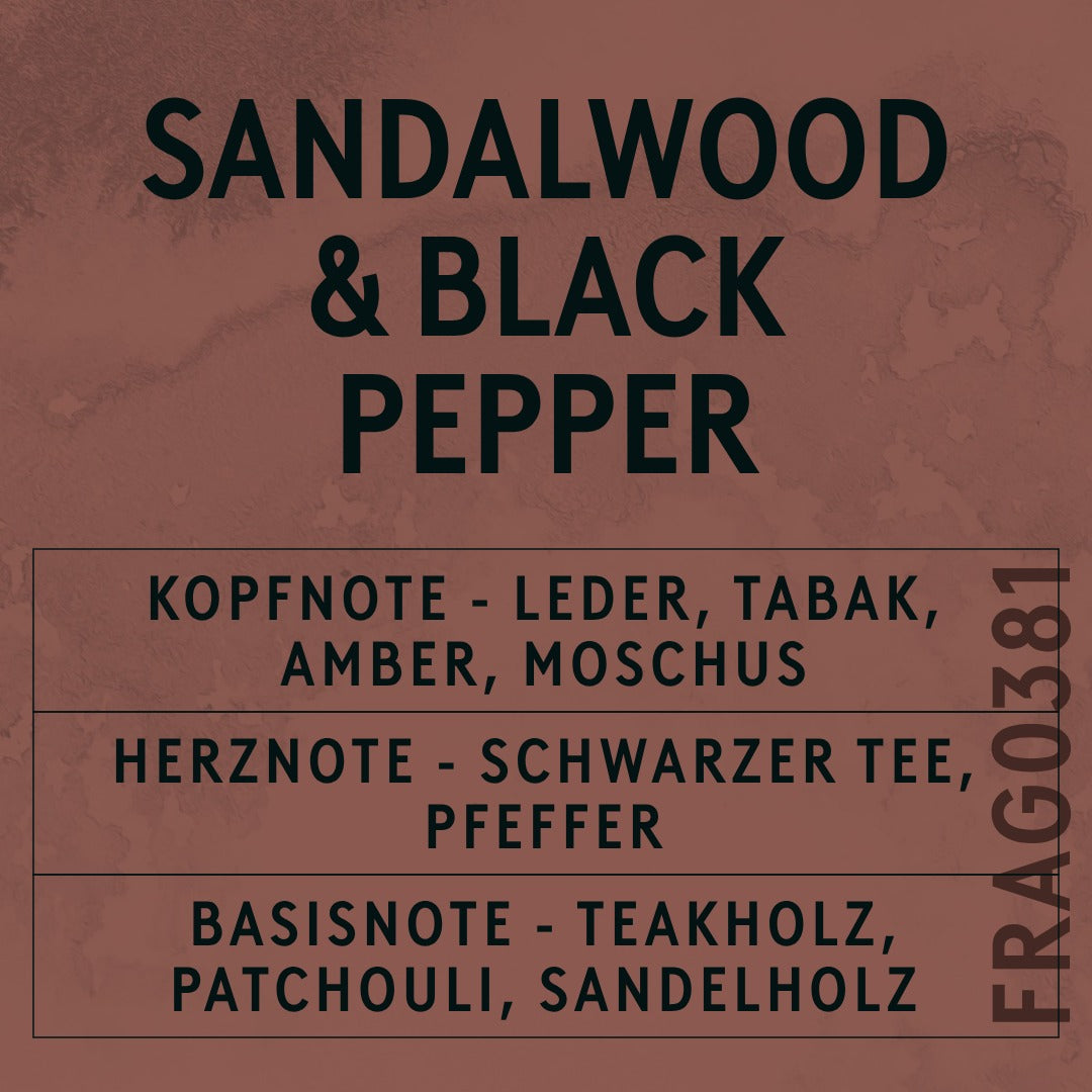 Sandalwood & Black Pepper Fragrance Oil scent card (German)
