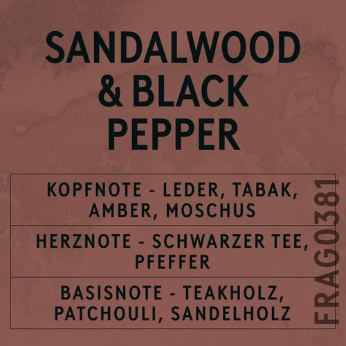 Sandalwood & Black Pepper Fragrance Oil scent card (German)