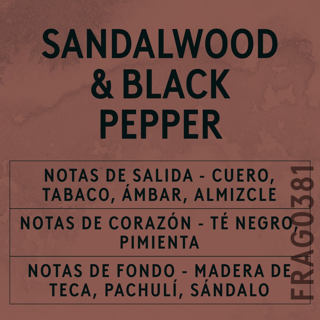 Sandalwood & Black Pepper Fragrance Oil scent card (Spanish)