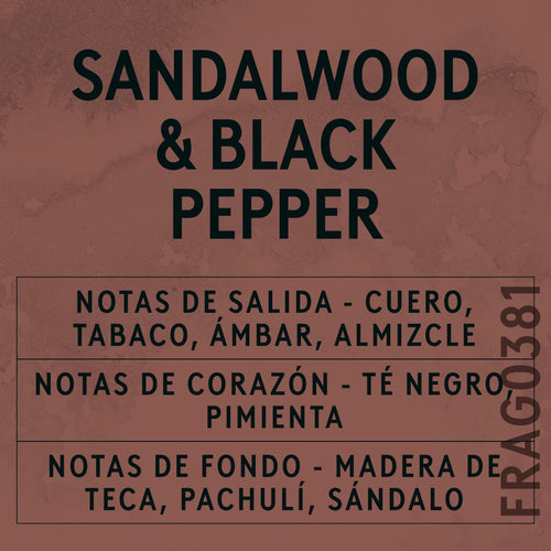 Sandalwood & Black Pepper Fragrance Oil scent card (Spanish)