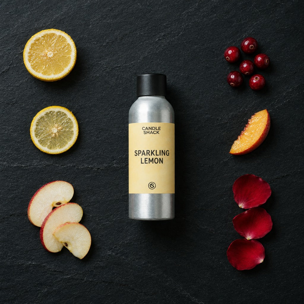 Sparkling Lemon fragrance oil - Candle Shack aluminium bottle with dried botanicals on a dark slate background