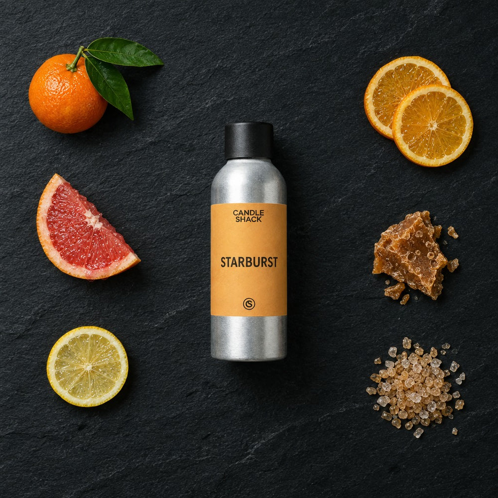 Starburst fragrance oil - Candle Shack aluminium bottle with dried botanicals on a dark slate background
