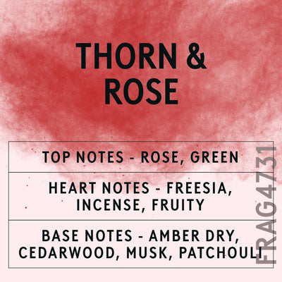 Thorn & Rose fragrance oil - Candle Shack aluminium bottle with dried botanicals on a dark slate background
