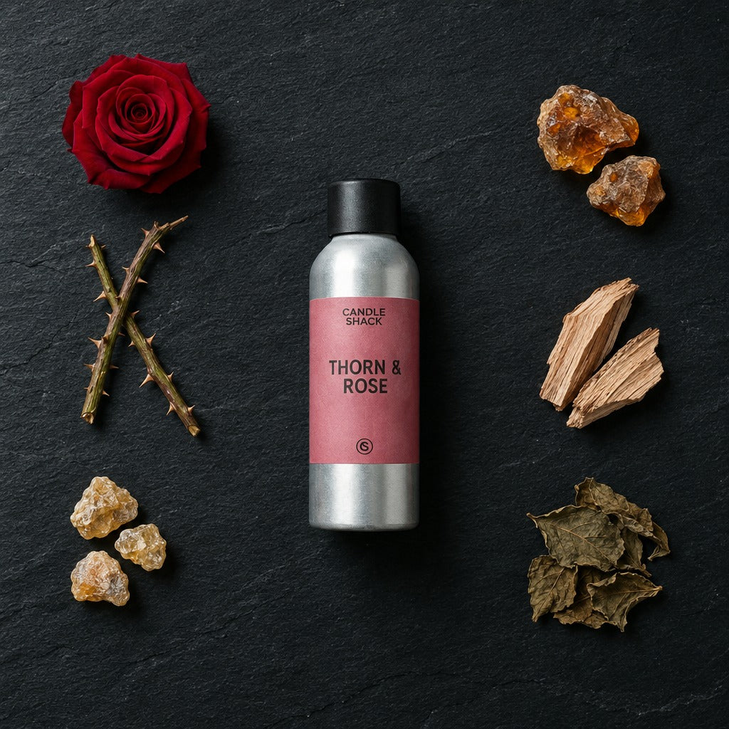 Thorn & Rose fragrance oil - Candle Shack aluminium bottle with dried botanicals on a dark slate background