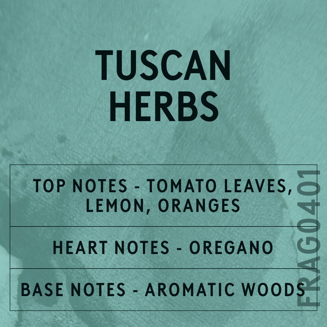 Tuscan Herbs fragrance oil - Candle Shack aluminium bottle with dried botanicals on a dark slate background