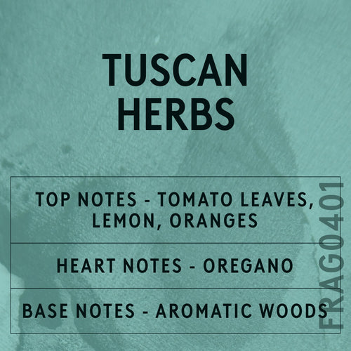 Tuscan Herbs fragrance oil - Candle Shack aluminium bottle with dried botanicals on a dark slate background