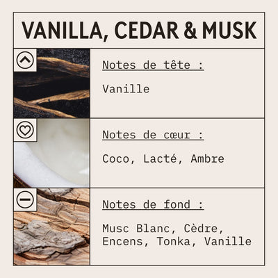 Vanilla, Cedar & Musk Fragrance Oil scent card (French)