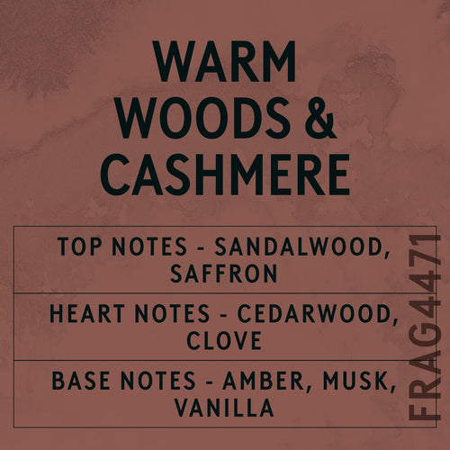 Warm Woods & Cashmere Fragrance Oil scent card (English)