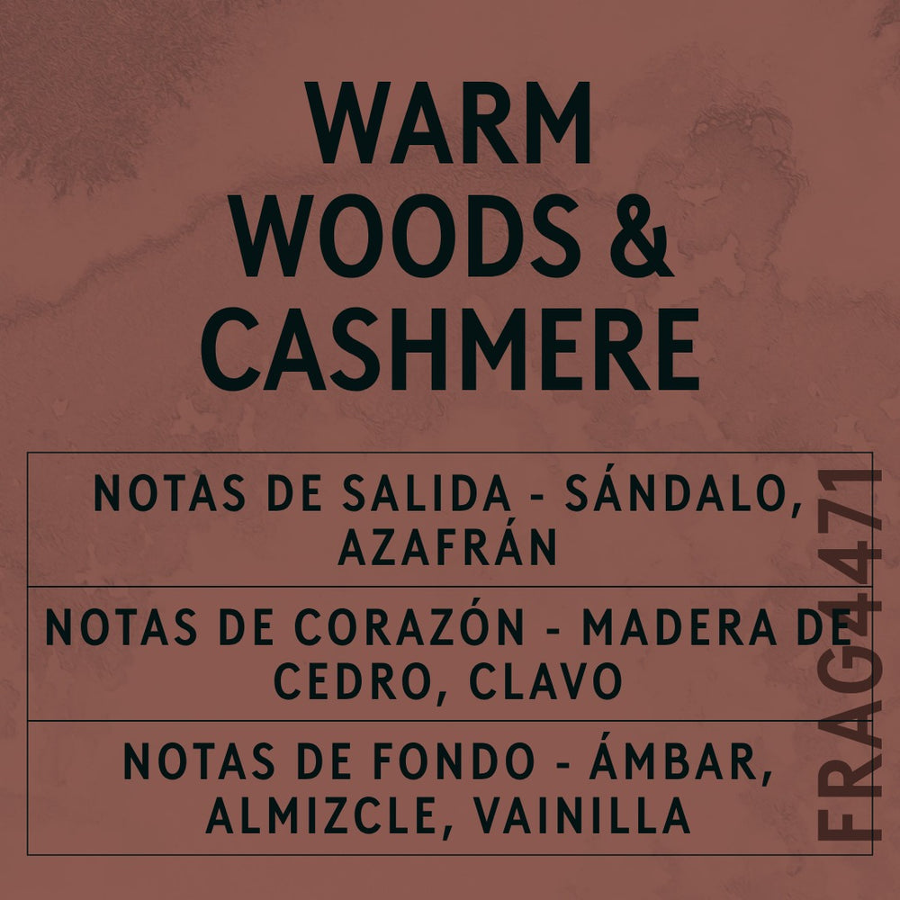 Warm Woods & Cashmere Fragrance Oil scent card (Spanish)