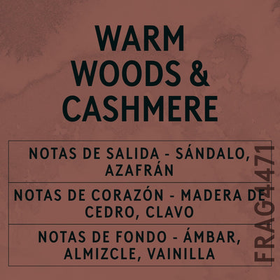 Warm Woods & Cashmere Fragrance Oil scent card (Spanish)