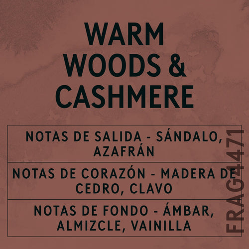 Warm Woods & Cashmere Fragrance Oil scent card (Spanish)