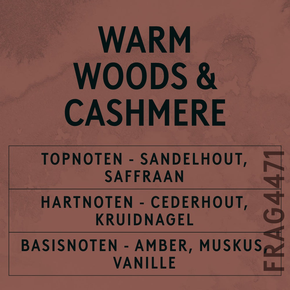 Warm Woods & Cashmere Fragrance Oil scent card (Dutch)