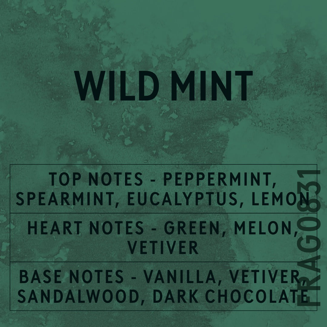 Wild Mint fragrance oil - Candle Shack aluminium bottle with dried botanicals on a dark slate background