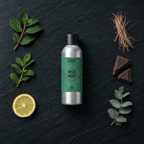 Wild Mint fragrance oil - Candle Shack aluminium bottle with dried botanicals on a dark slate background